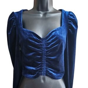 Royal Blue Lily White Velour Velvet Long-Sleeved Ruched Cropped Top